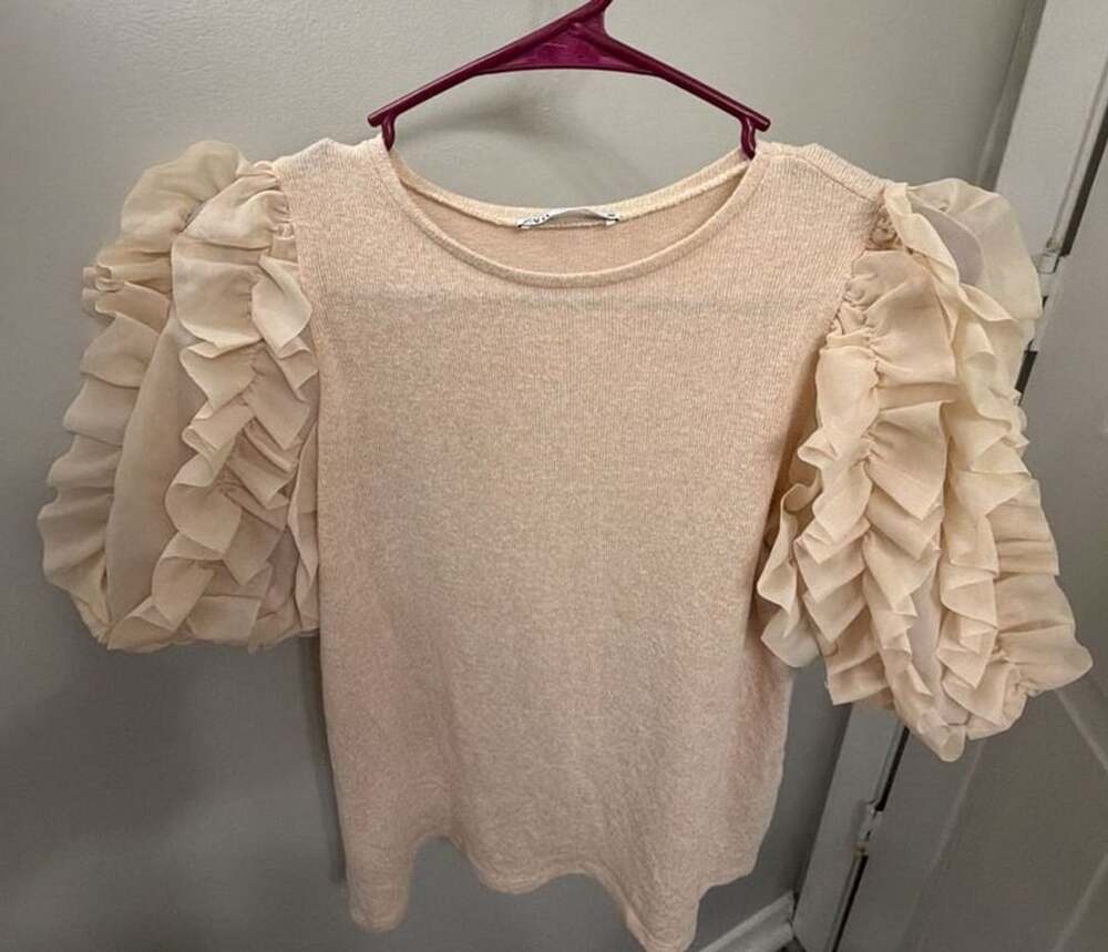 Zara Women’s M Draped Sleeve Knit Jumper Sand Ruffle Puff Sleeve Top